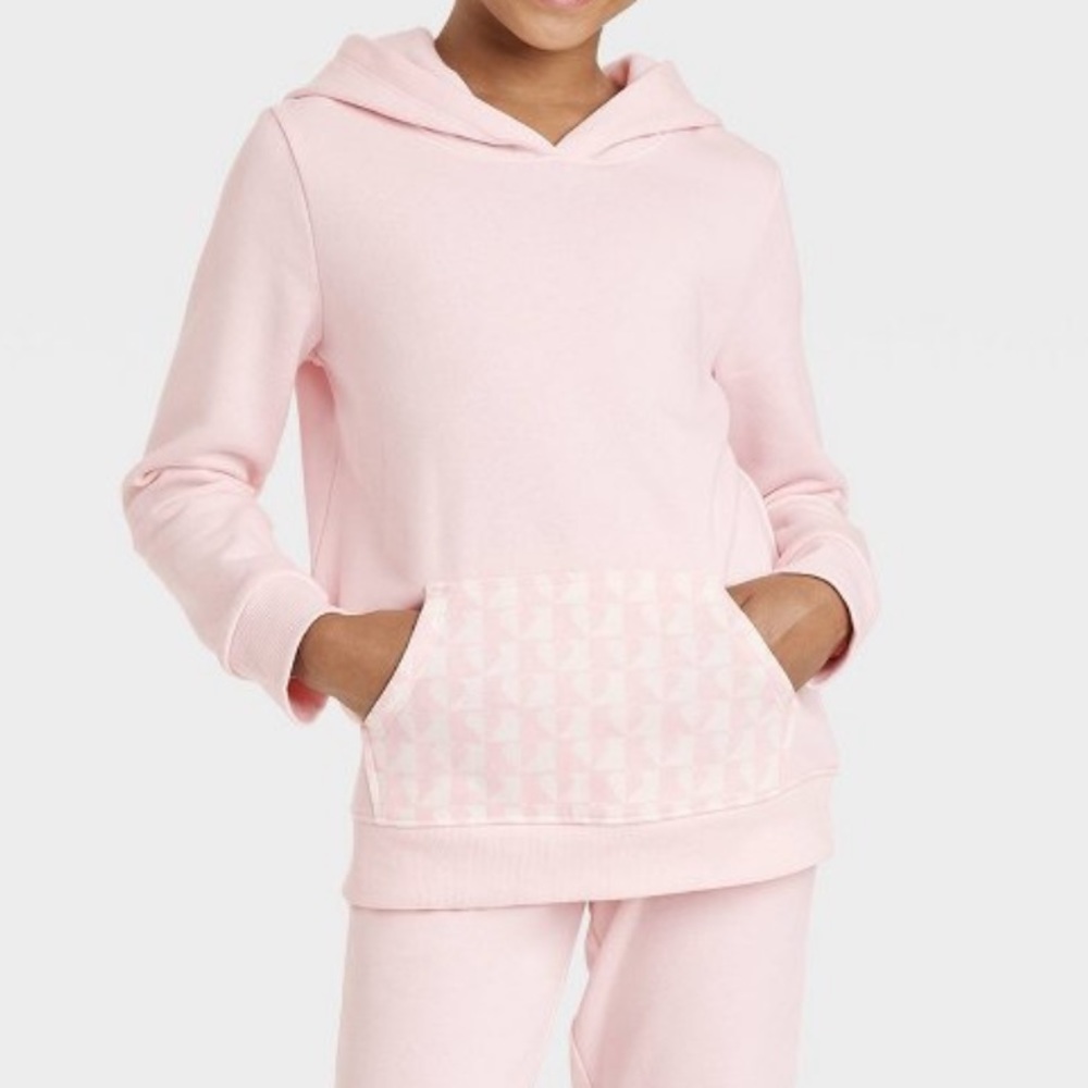 NWT Light Pink Fleece Pullover Hoodie with Geometric Mosaic Hearts